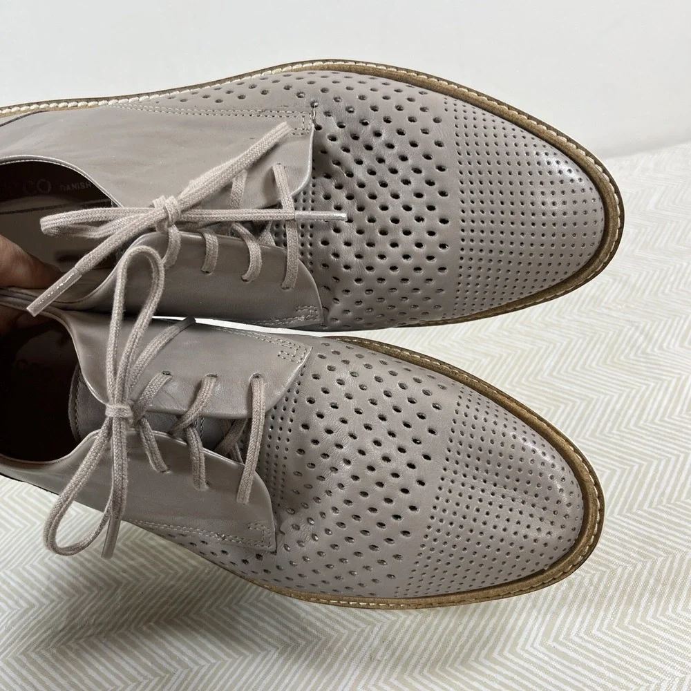 Ecco Women's Incide Tailored Perforated Tie Oxford Leather Shoes Sz 8 Grey Rose‎